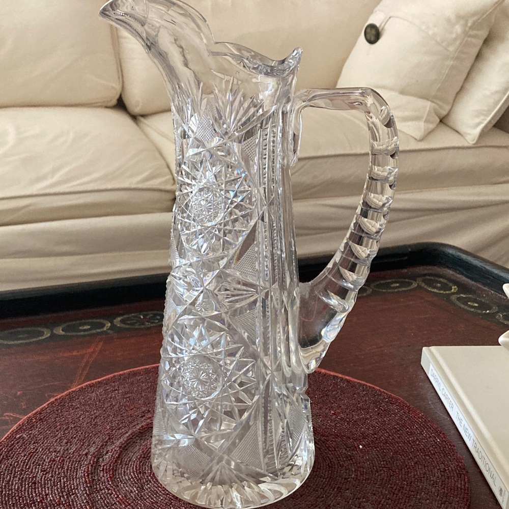 Clear Pressed Glass Pitcher with Starburst Cut Pattern